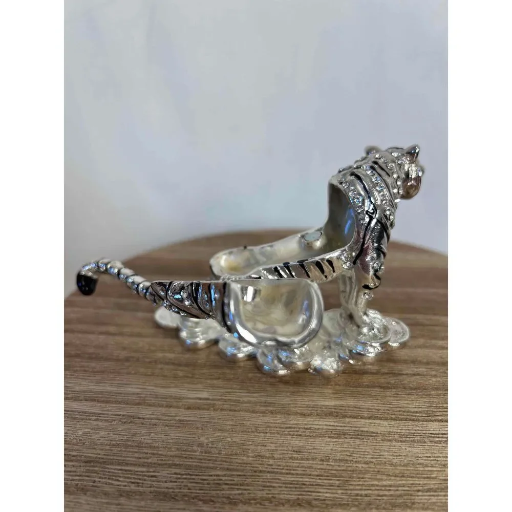 Metal Silver Toned Bejeweled Tiger Trinket Box Crystal‎ Accents Red Eyes